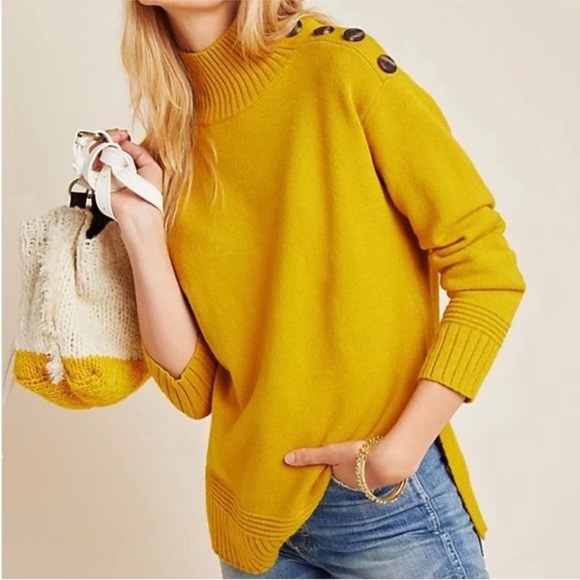 Anthropologie Mustard Yellow Margarita Buttons Mock Neck Pullover Sweater - Picture 1 of 13